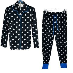 PJ Couture Black With White Polka Dot Fleece Long Sleeve Woman's Pajama Set Med.